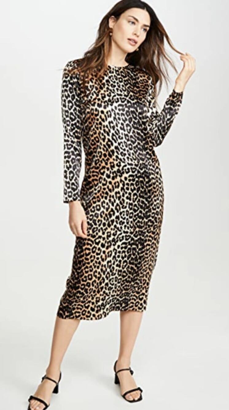 Ganni Stretch Silk Leopard Print Midi Shift Dress Long Sleeve Women's Size 34 EU